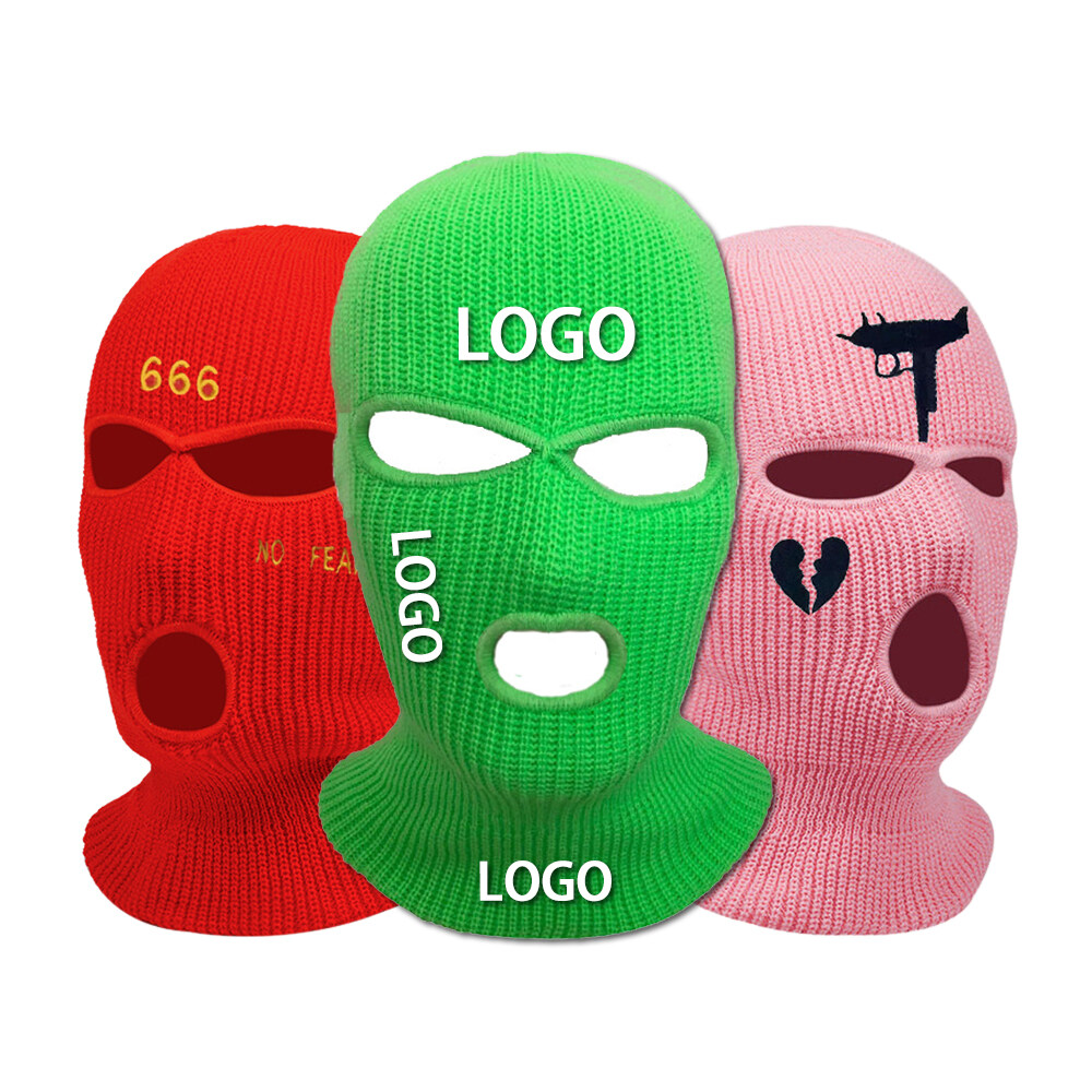 Custom embroidered logo full face mask 3 three-hole balaclava rapper trendy knitted ski mask winter ski mask