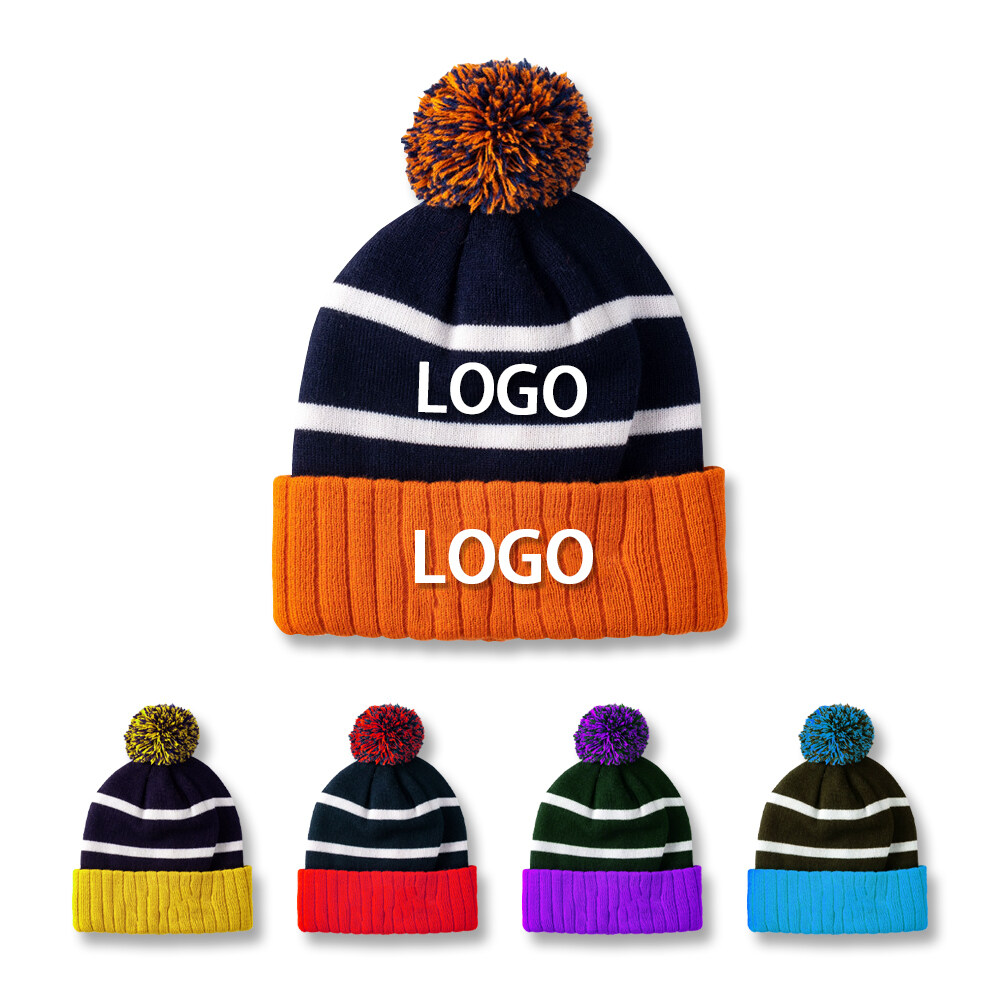 Winter Warm Fashion Casual Customized Knitted Jacquard Embroidered Logo Toques Pom Pom Knitted Beanie Unisex