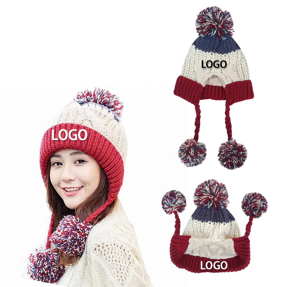 Customized logo HD acrylic jacquard Peruvian ski hat for women wool lined earmuffs beanie winter hat knitted fashion casual hat