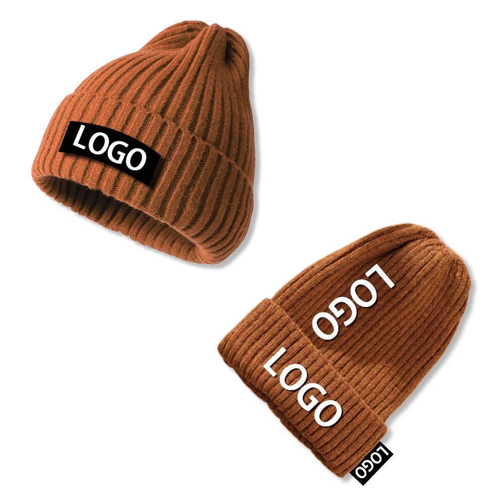 Custom Logo Patch Striped Knit Fashion Beanie Casual Winter Hat Deep Warm Thick Beanie