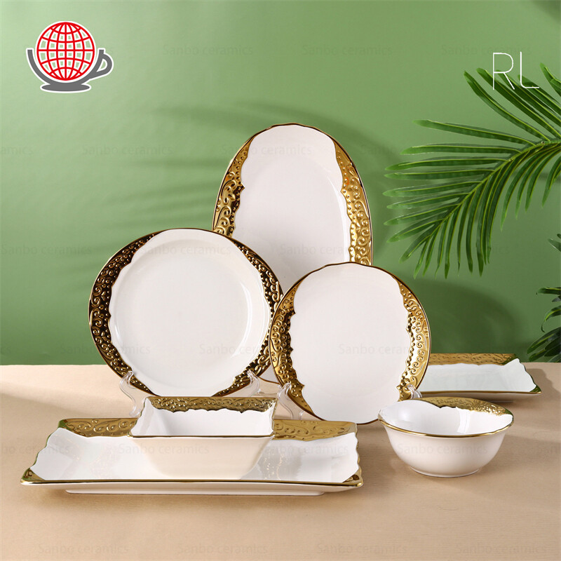 white embossed dinnerware,dinner set gold trim,luxury china set