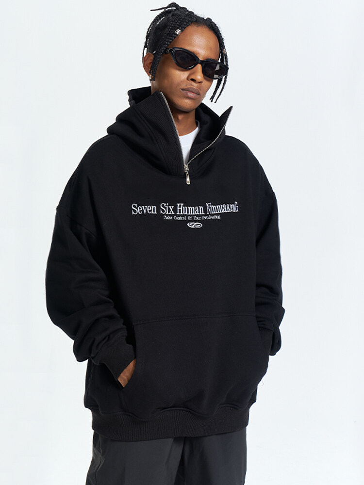 High Street Embroidered Letter Men 1/4 Zip Up Hoodie