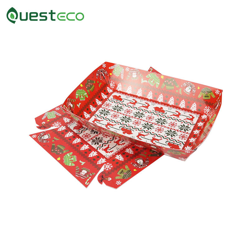 Christmas Custom Printed Hot Dog Paper Boat Tray Food Grade Wax Coated Cardboard Paper Boat Tray For Snack Food