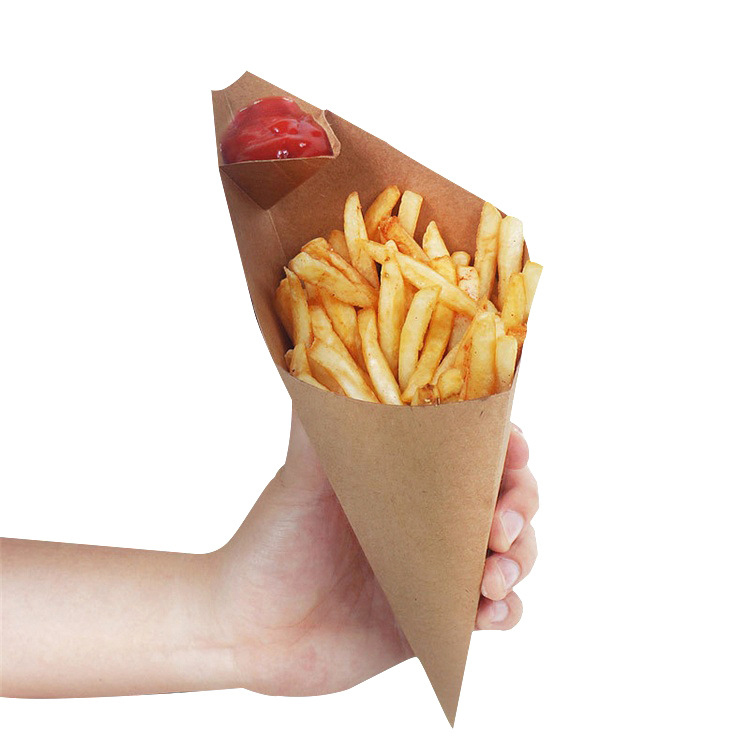 Disposable Kraft Paper French Fries Cones with Dipping Sauce Compartment Triangle Chips Box Food Cones with Dip Pocket