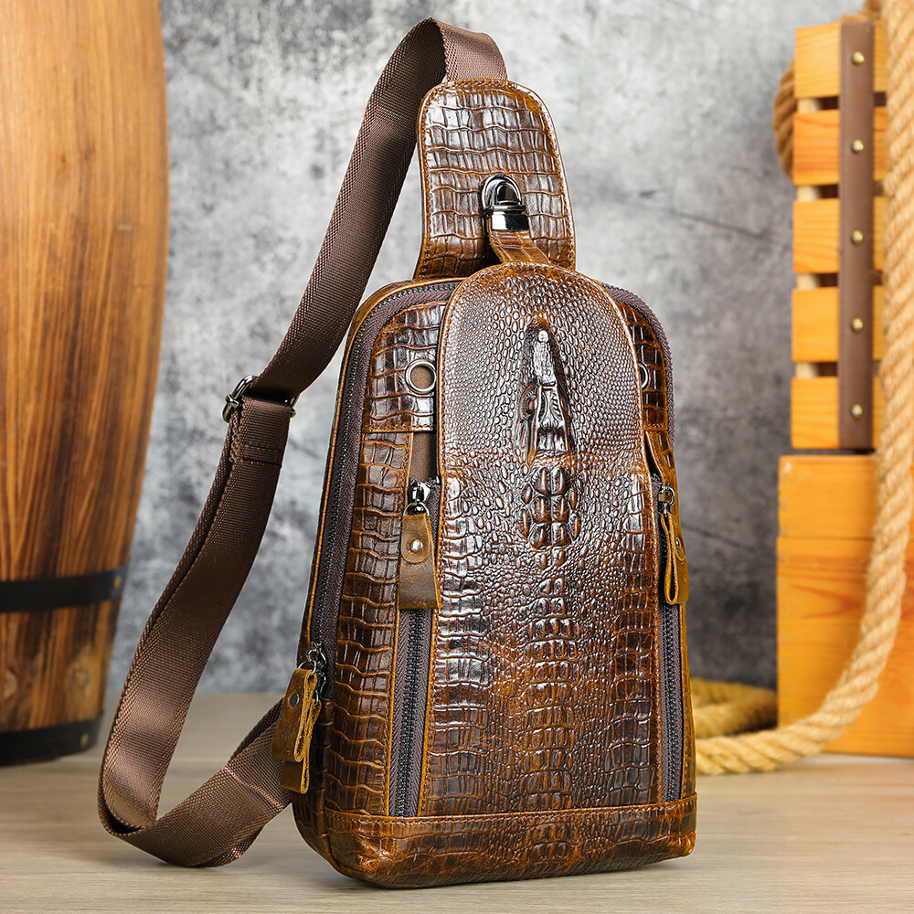 Niucunzh Men Crocodile Pattern Chest Bag Waterproof Shoulder Daypack Genuine Leather Crossbody Sling Bag Mens Leather Chest Bag