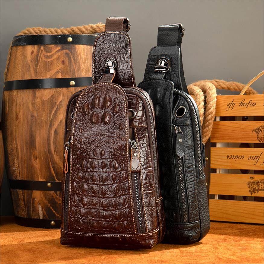 Niucunzh Men Vintage Crocodile Pattern Single Shoulder Bag Daypack Crossbody Sling Bag Men Genuine Leather Chest Bag