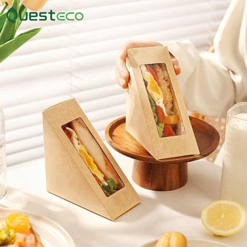 Disposable Fast Food Takeaway Kraft Paper Croissant Sandwich Box Triangle Sandwich Box With Clear Window