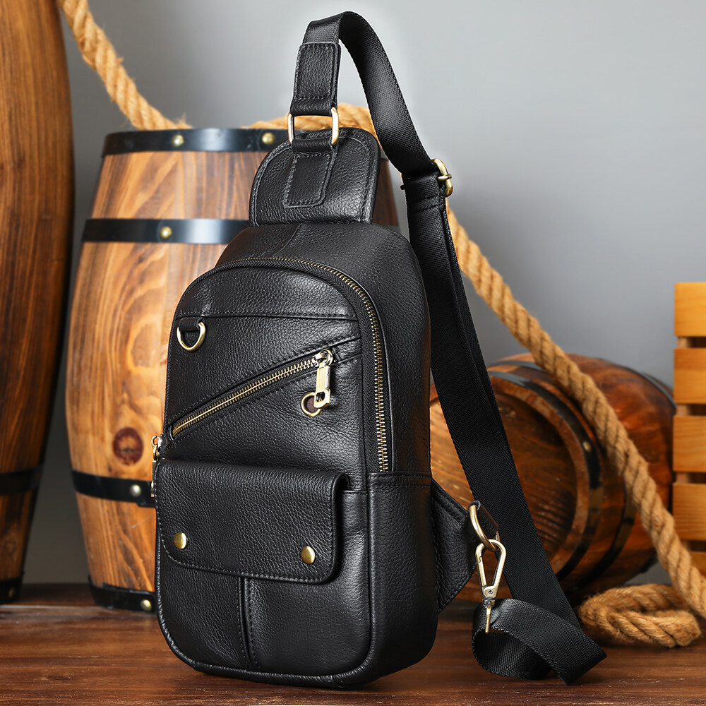 Niucunzh Travel Hiking Leather Sling Bag Men Crossbody Shoulder Chest Daypack Genuine Leather Crossbody Bag Chest Bags for Men