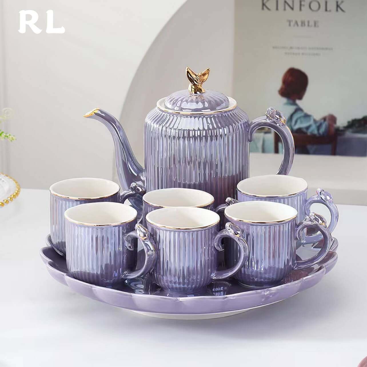 English Style Art Deco Tea Set with Ceramic Rotatable Tray