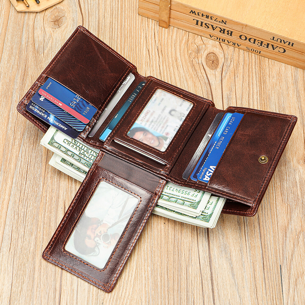 Niucunzh Genuine Leather Short Trifold Wallets Leather Money Clips Credit Cards Holders Wallet RFID Wallet for Men