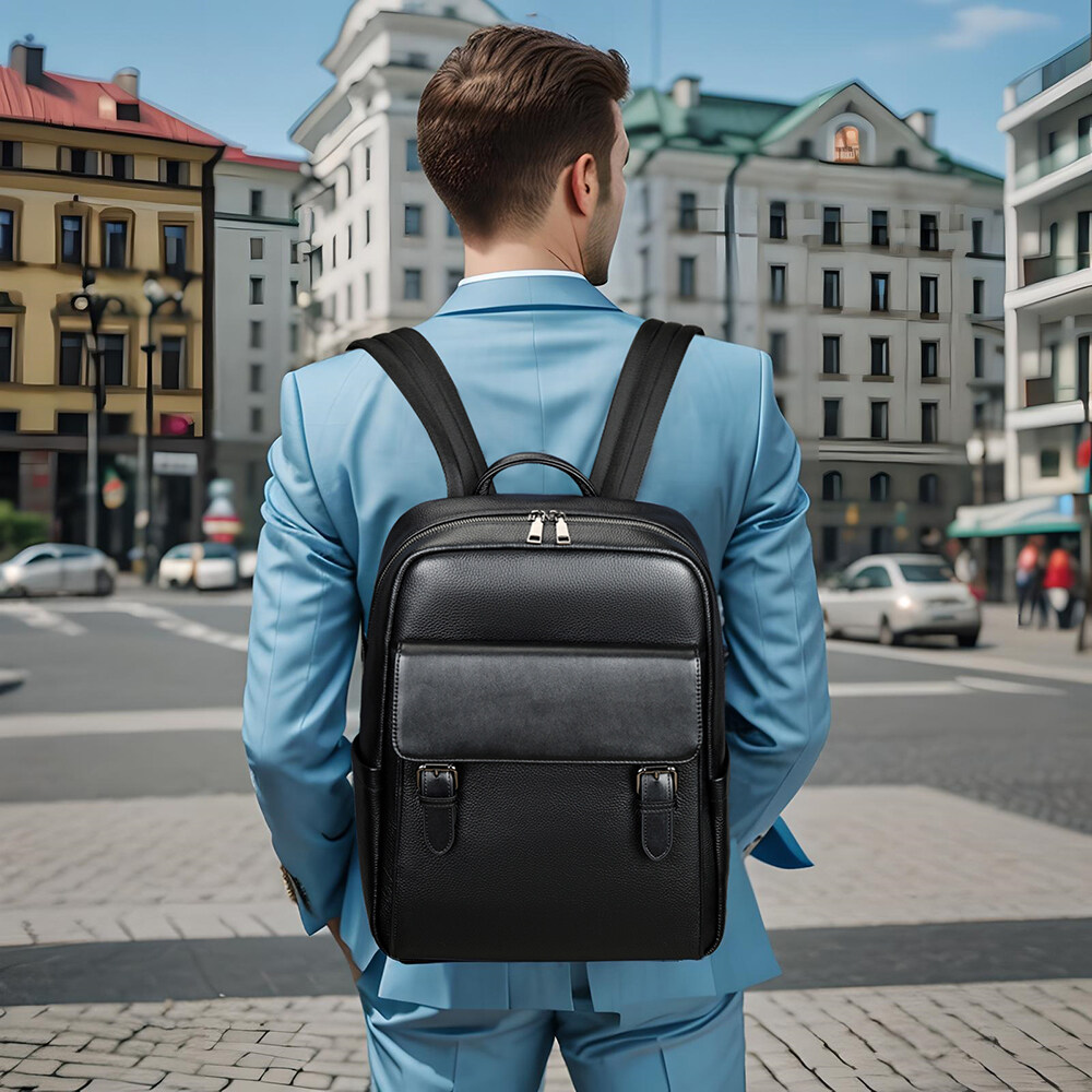 Niucunzh Men Business Travel Backpack School Bags Large Capacity 15.6 inch Laptop Backpack Genuine Leather Backpack Bag for Men