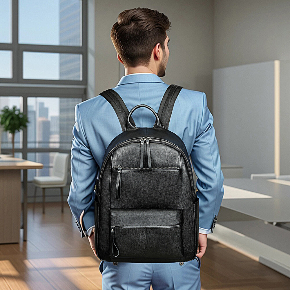 Niucunzh Design Classic Black Travel Backpack School Bags Men 15.6 inch Laptop Backpack Genuine Leather Backpack