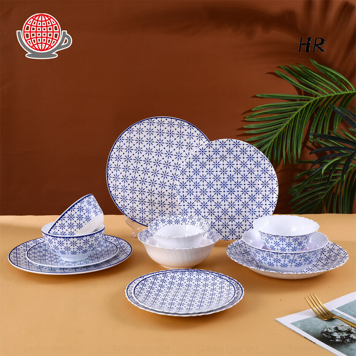 Modern Blue and White Dishes Set Opal Glass Material