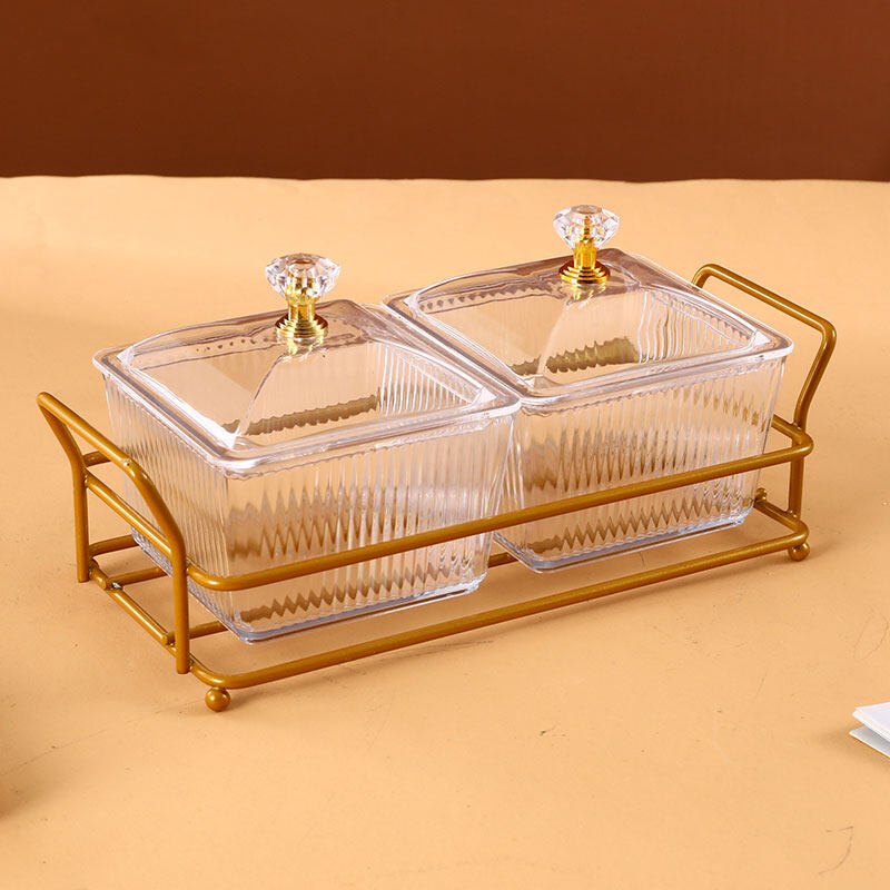 Wholesale Glass Snack Bowl with Lid and Gilt Metal Rack