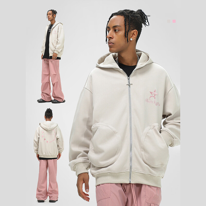 Custom Pink Embroidery Men Zip Up Hoodie