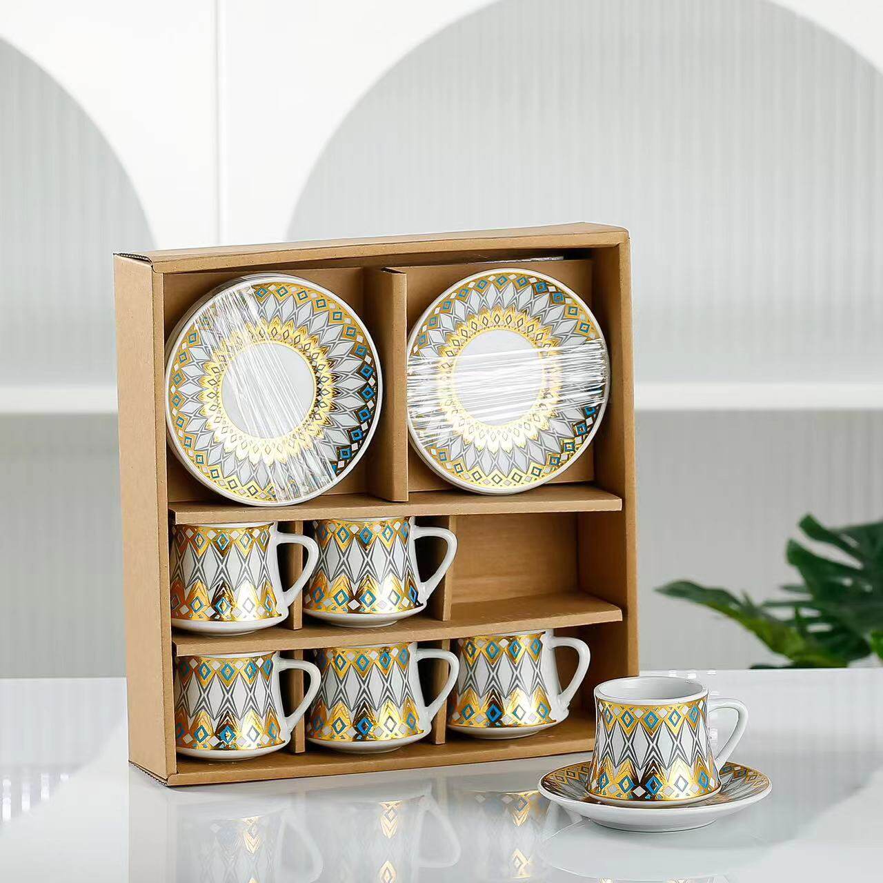 6 PCS Luxury Cup and Saucer Set with Geometric Scheme