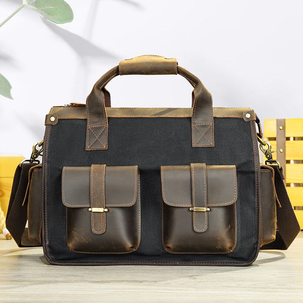 Niucunzh Men Crazy Horse Leather Bag Briefcases Men Canvas Shoulder Messenger Bag Laptop Briefcase Man Genuine Leather Briefcase