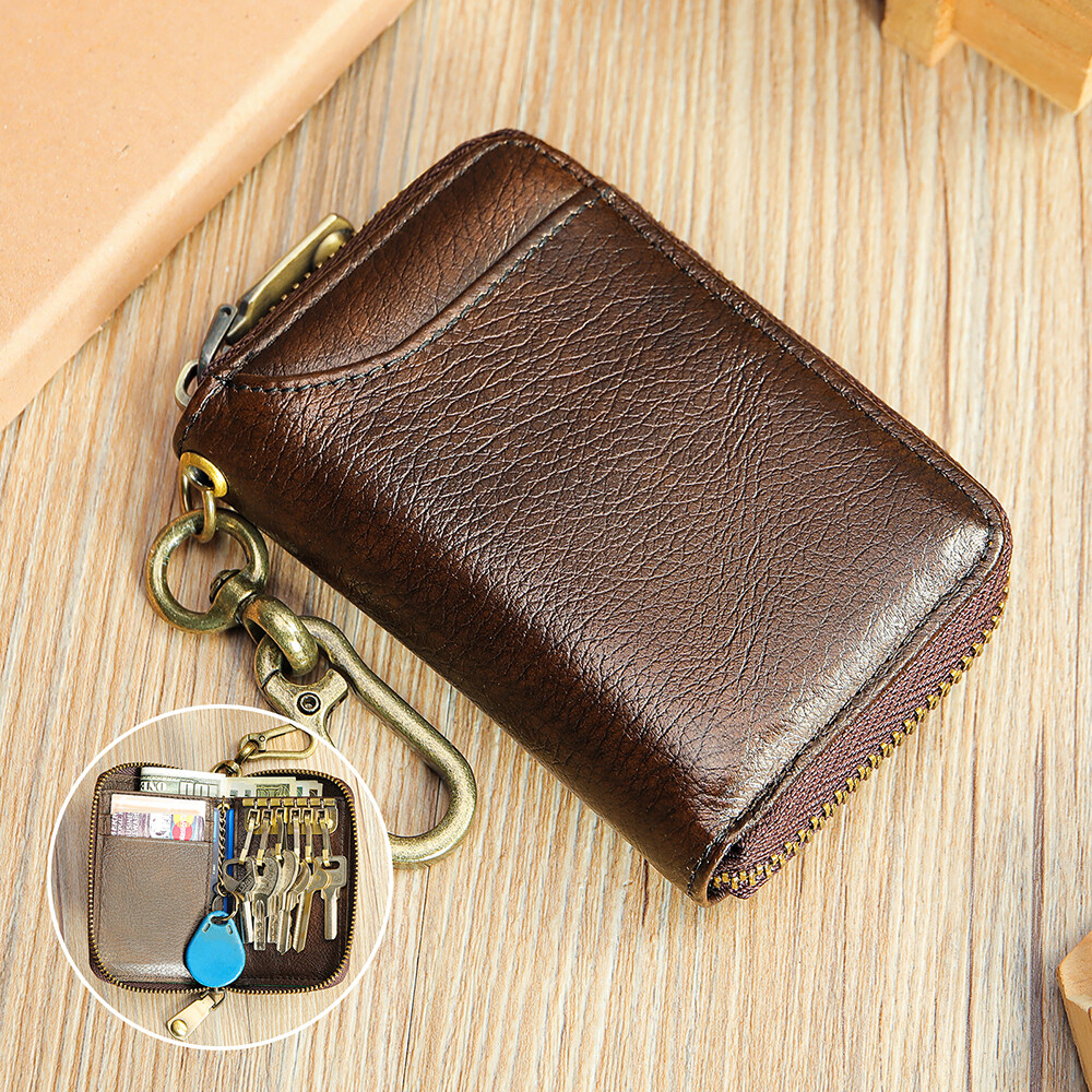 Niucunzh Men Genuine Leather Car Key Holder Wallet with 6 Hooks Zipper Coin Pouch Keychain Case Bag Leather Key Chain Wallet