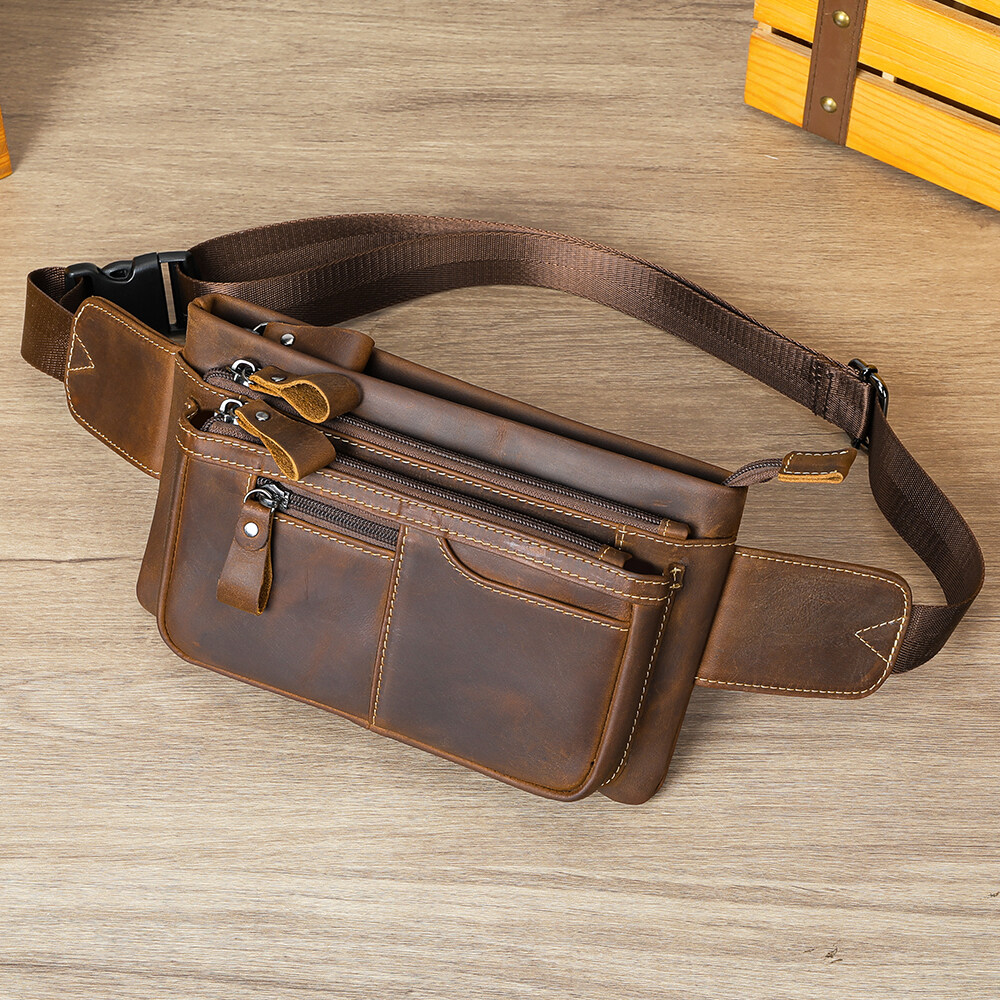 Niucunzh Vintage Crazy Horse Genuine Leather Waist Belt Bag Men Leather Shoulder Crossbody Chest Bag Leather Fanny Pack for Men