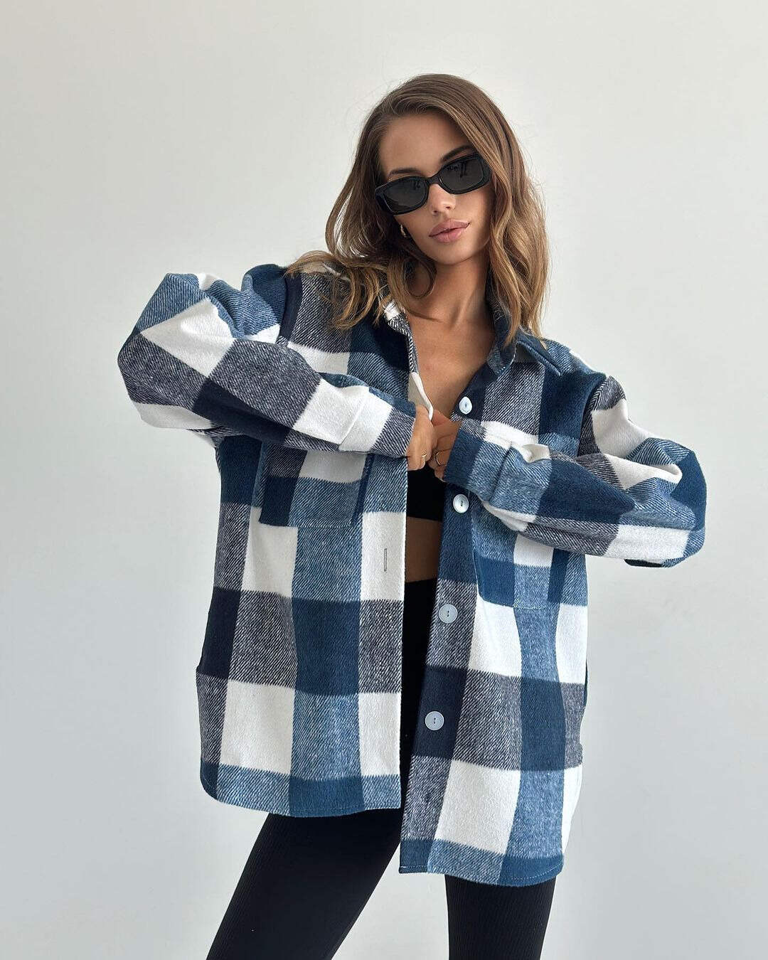 Casual long-sleeved cardigan with lapel plaid shirt