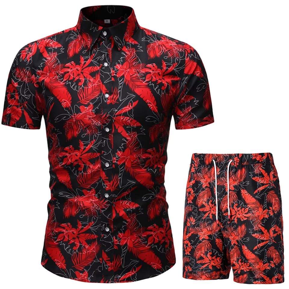 Short-sleeved shirt men's summer slim floral beach cardigan casual shirt two sets