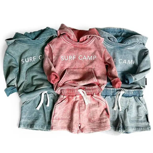 Boys Girls Washed SURF CAMP Hoodie and Shorts Children Kids Back to School Wash Sweater Cotton 2 pieces Clothing Sets