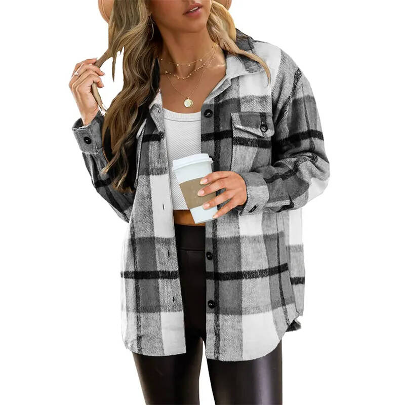 Vintage Long Sleeve Button-Up Women Flannel Plaid Shirt Women Top