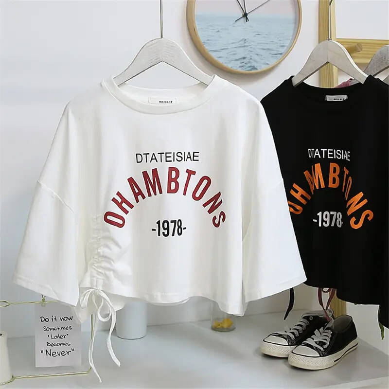 Strings Folds Design Short Tops Short Sleeve O-neck Crop Tops Streetwear Summer Casual Letter Printing T Shirt for Women