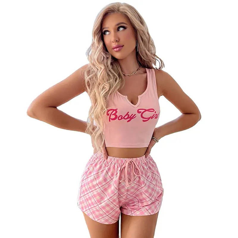 European and American summer women's pajamas two-piece sexy suspender printed vest shorts home clothing