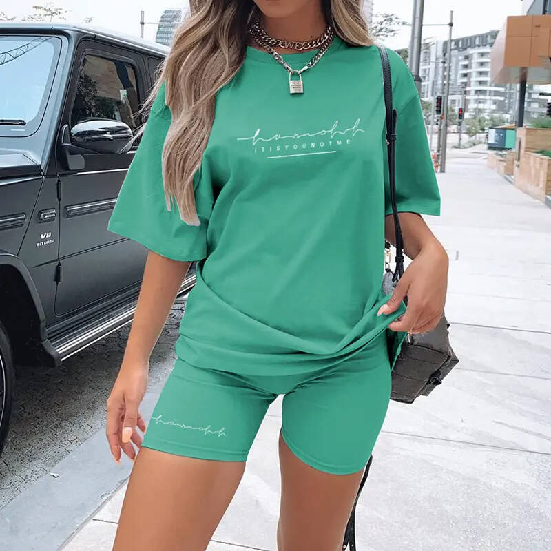 Custom Sports Tracksuit Women Two 2 Piece Summer Set Clothing Plain T Shirt Cotton Polyester Biker Shorts Women's Sets