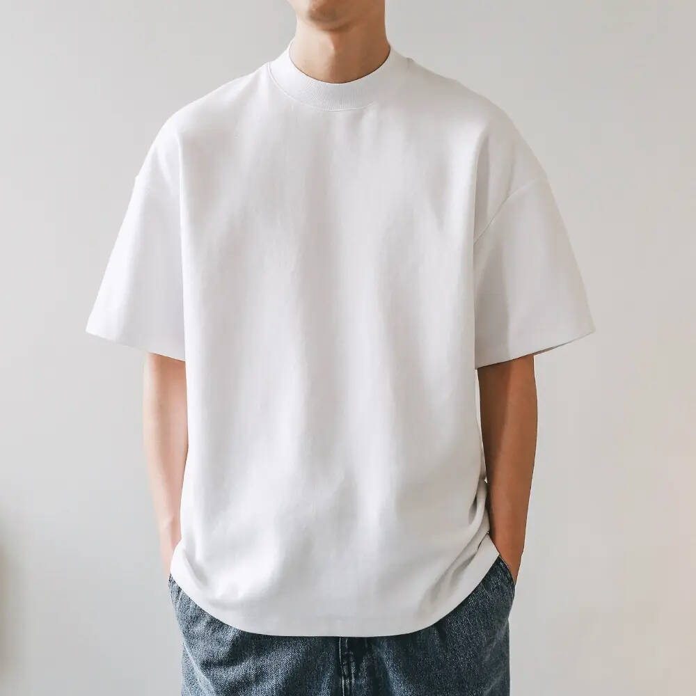 Blank Solid Small Neckline Vintage Oversized T-hirt 350gsm Mock Neck Oversized Heavyweight Cotton Mens T Shirt