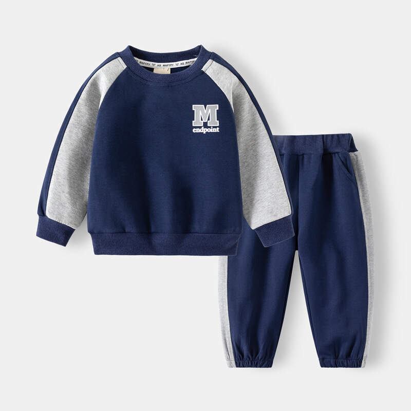 Children's sports suit, spring boys' double-sided cloth color-blocked sweatshirt and sweatpants two-piece set