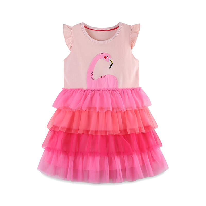 Girls short sleeve dress summer cartoon patch round neck girl gauze skirt cute princess dress