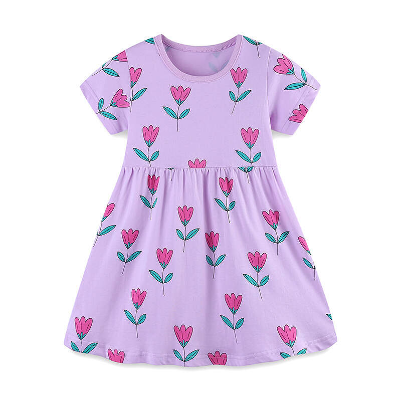 Girls Cotton Jersey Dress Round Neck Flower Print Princess Dress