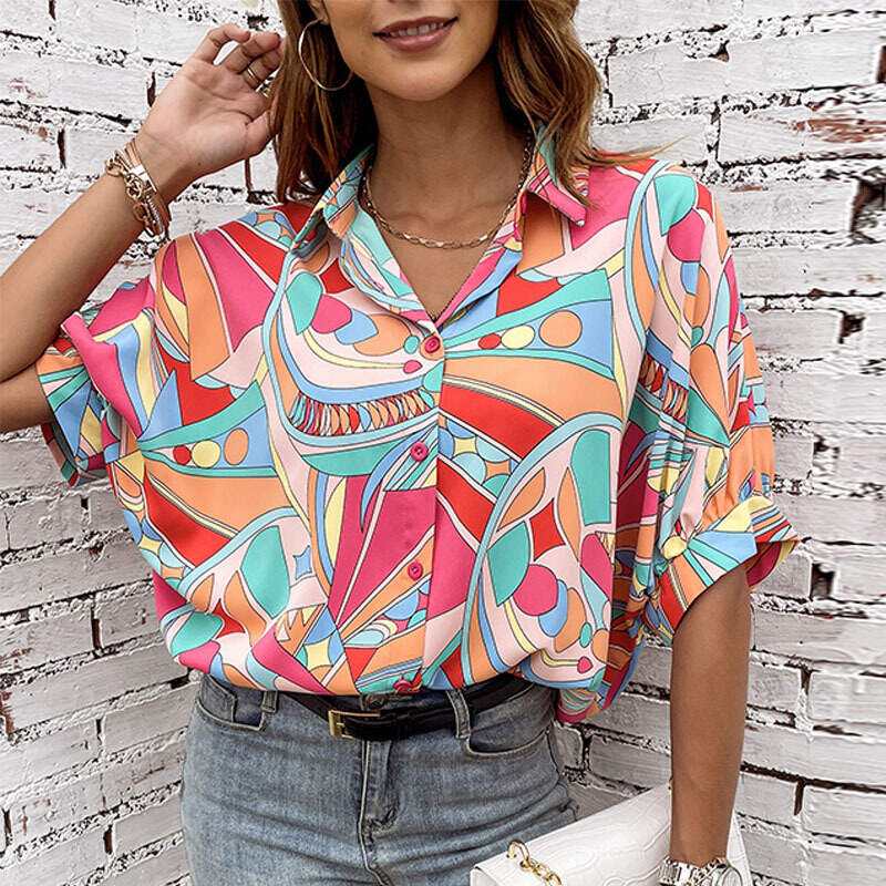 Women's Print Three-Quarter Sleeve Shirt Casual Midi Blouse