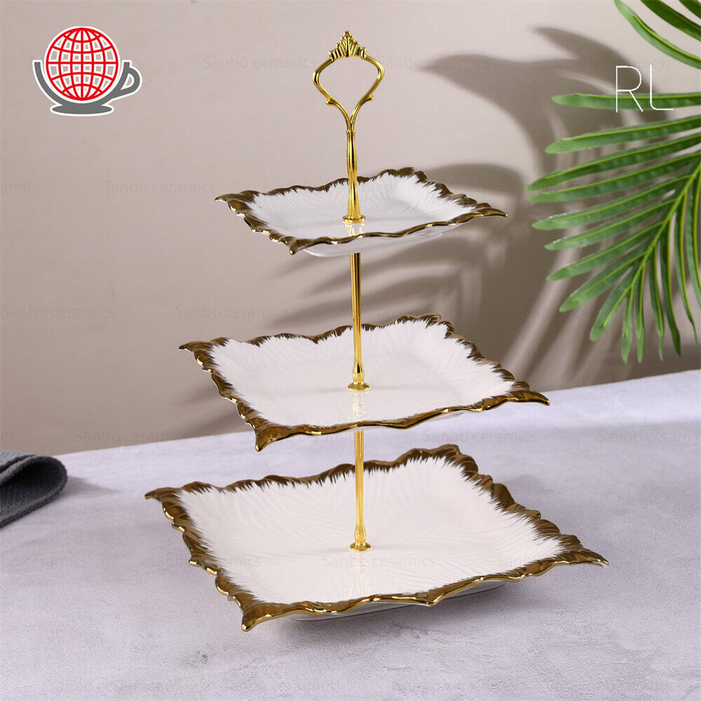 Luxury Style 3 Tier Cake Stand Gold Rim White Ceramic