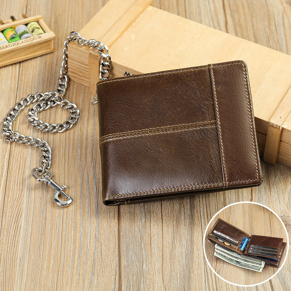 Niucunzh Men Bifold Slim Wallets Card Holder Zipper Coin Purse billeteras para hombre Wallet Chain Men Genuine Leather Wallet