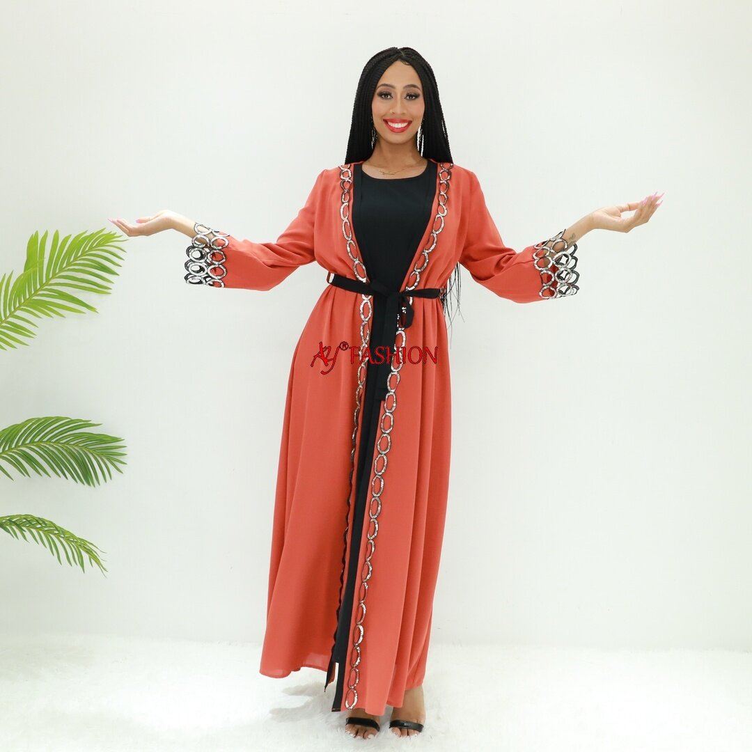 Roupas da África abaya bordado com folhas pretas 8745 Vestido hijab de roupas de Gana