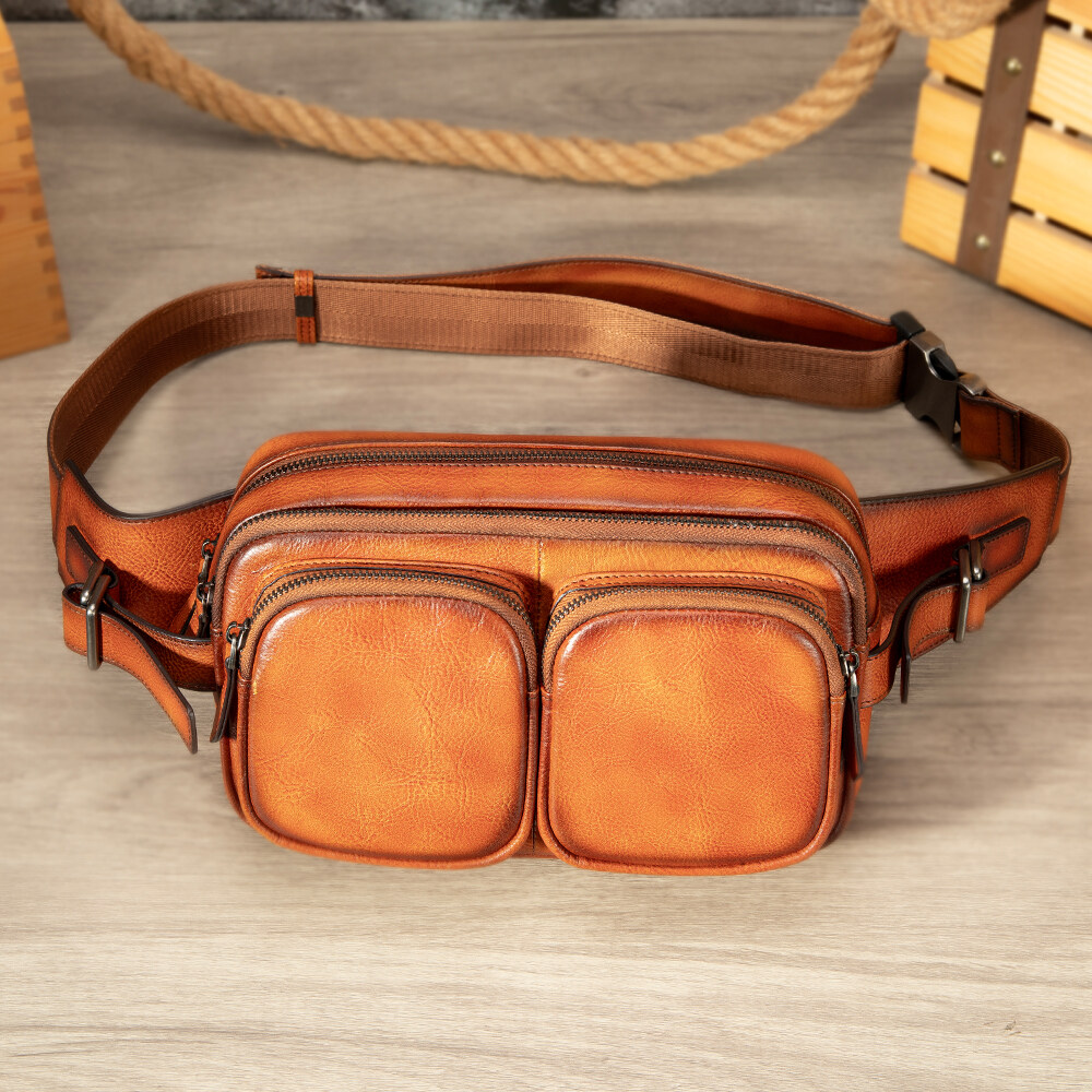 Niucunzh Genuine Leather Men Chest Sling Bag Large Capacity Travel Shoulder Crossbody Bag Leather Waist Bag Fanny Pack Men