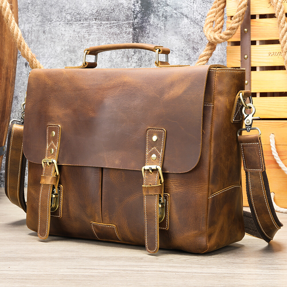 Niucunzh Vintage Crazy Horse Leather Briefcase Men Genuine Leather Messenger Bag 14/15 inch Laptop Bag Leather Briefcase Men