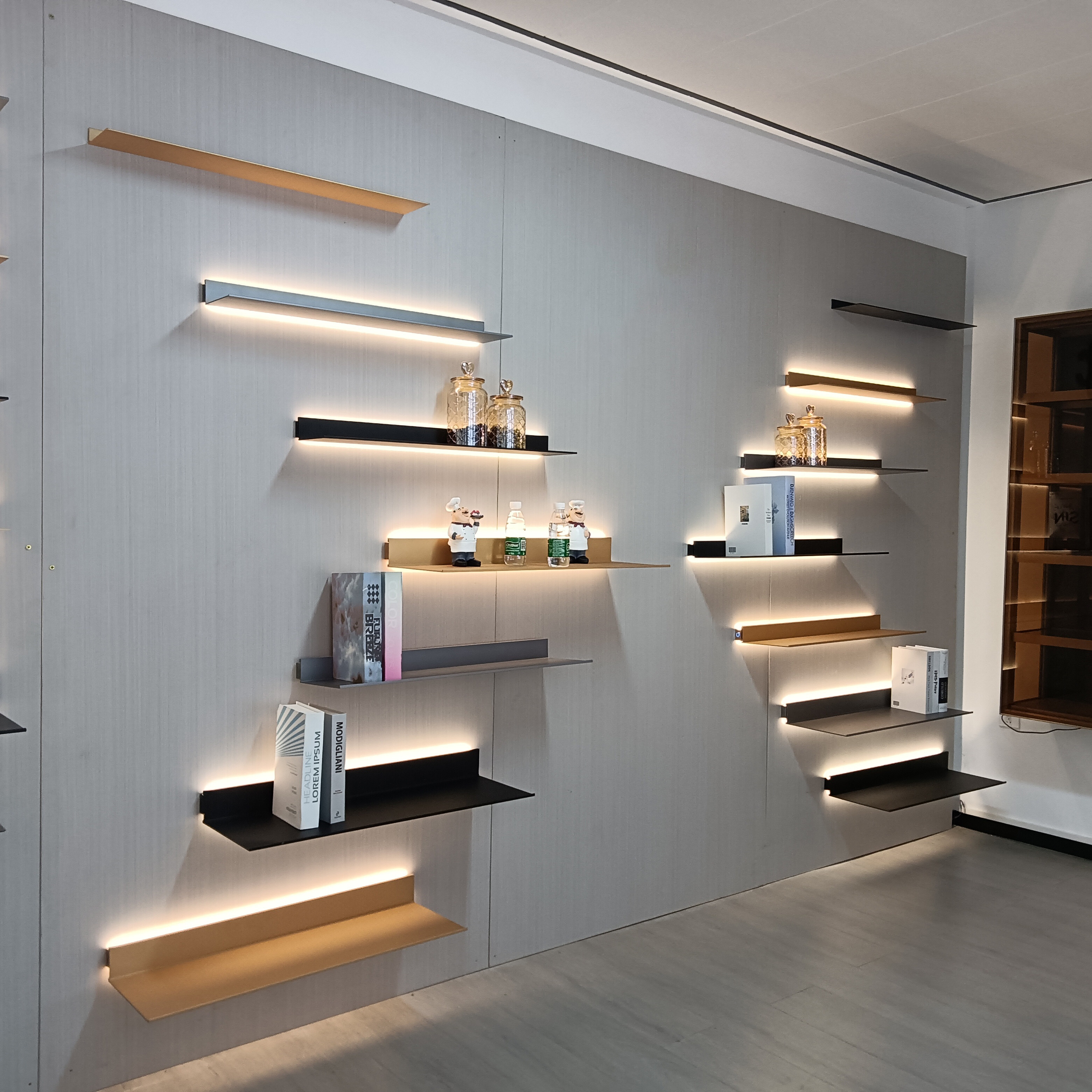 Modern L shaped book shelf living room cabinets wall mounted shelves with led floating shelves aluminum