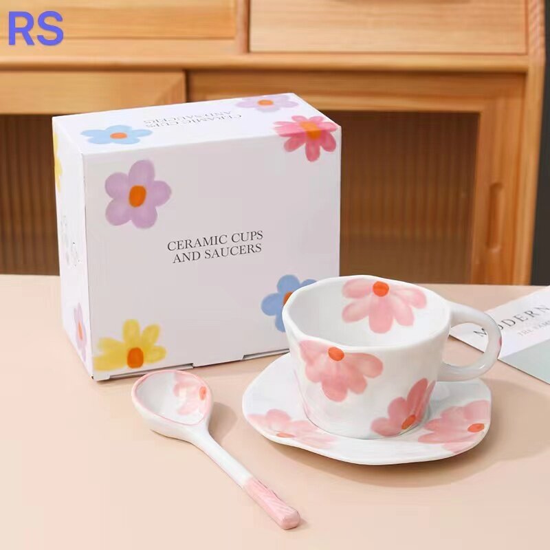 Irregular Hand-Painted Flower Pattern Cup and Saucer Set
