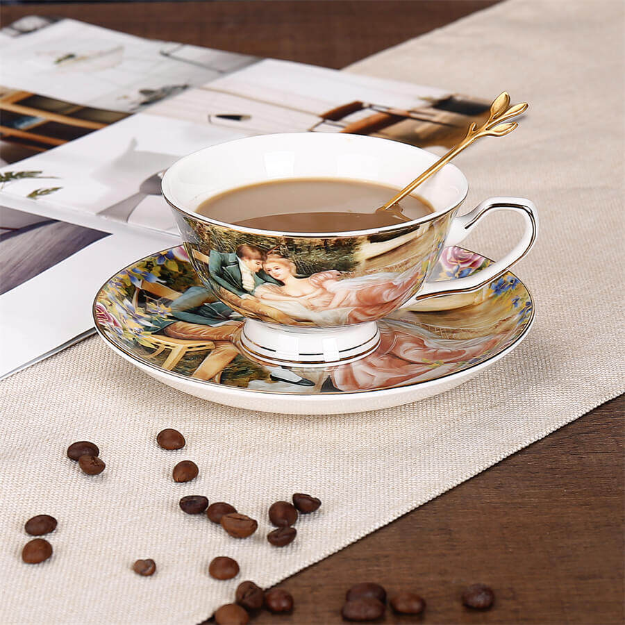 Vintage Cups and Saucers with Oil Painting Pattern