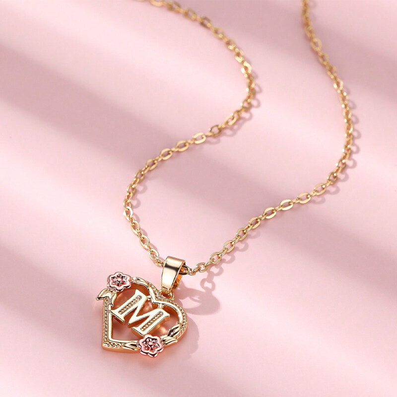 Golden Initial Necklace Heart Carved 26 Letter A-Z