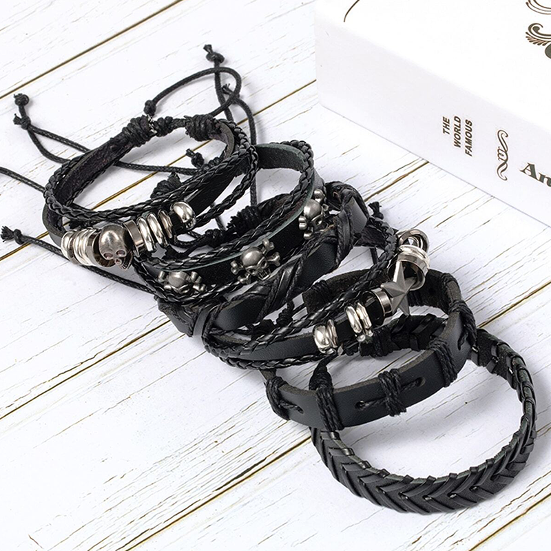 Skull noir et alliage en forme d'étoile et bracelet en cuir PU