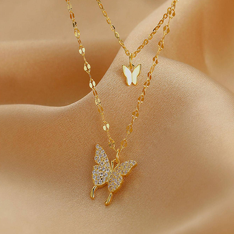 Double Layered Alloy Necklace With Diamond-studded Butterfly Pendant