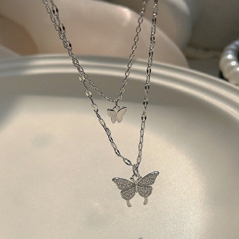 Rhinestone Butterfly Pendant Layered Necklace