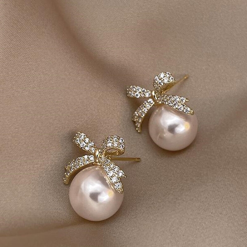 Rhinestone Bow &amp; Faux Pearl Design Studs kolczyki