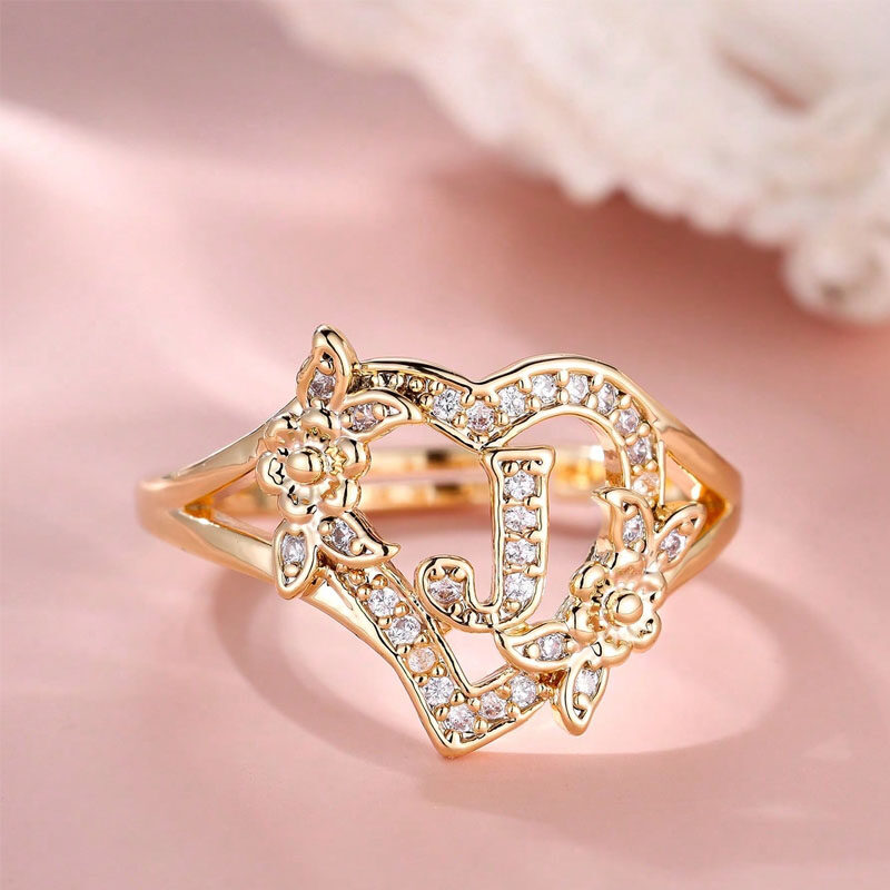 Heart Cubic Zirconia 26 Letter A-Z And Flower Adjustable Open Cuff Ring For Women Girls