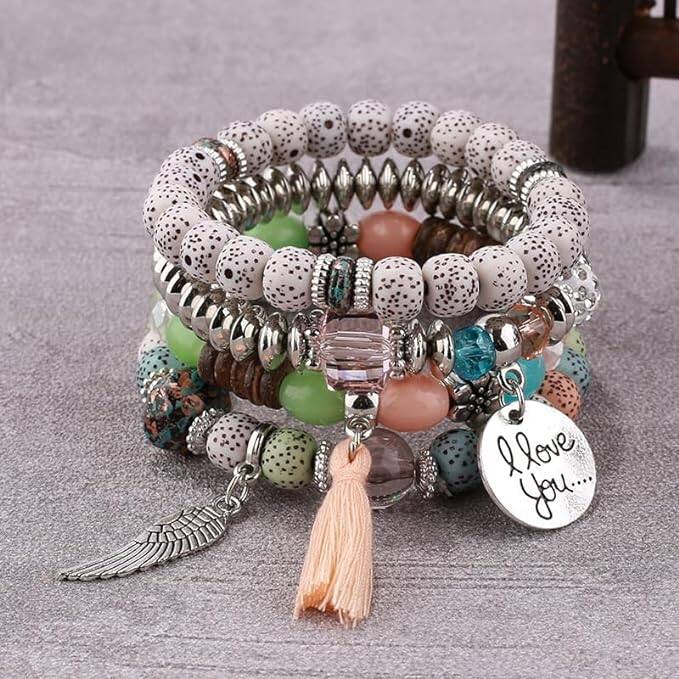 Brazalete de cuentas grises de ala bohemia para mujeres